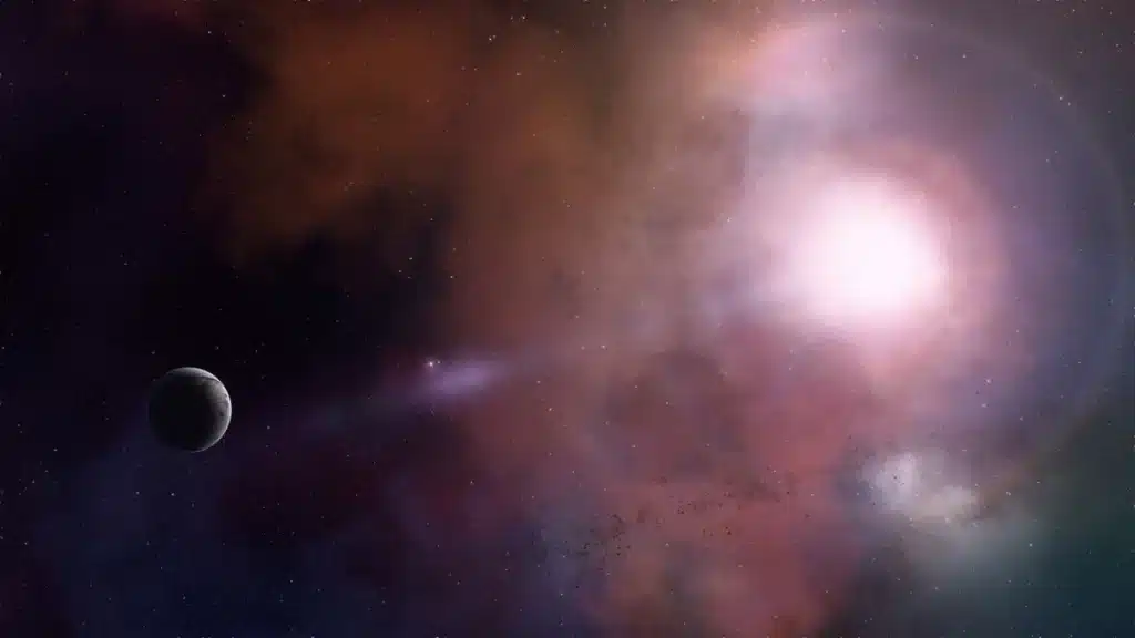 Illustratie van een exoplaneet met atmosfeer tegen de achtergrond van sterren in de ruimte