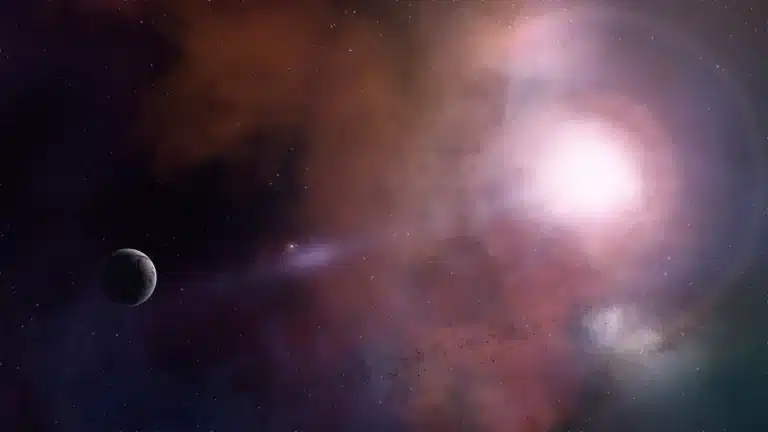 Illustratie van een exoplaneet met atmosfeer tegen de achtergrond van sterren in de ruimte