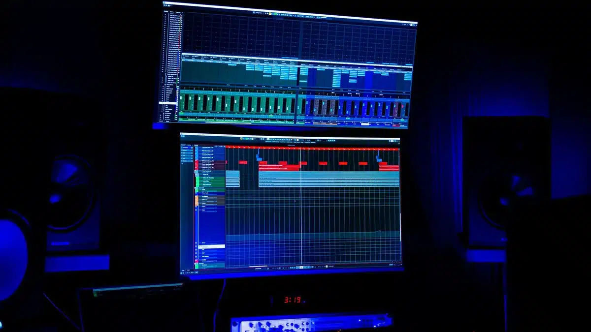 Moderne opnamestudio met audioapparatuur en geluidsmenging voor elektronische muziekproductie