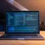 Ontwikkelaar aan het werk op laptop met code op het scherm in een moderne werkplek