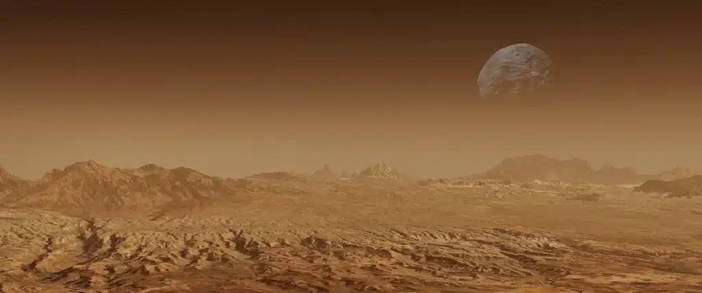 Anonieme roversporen op een rotsachtige krater op Mars onder een bleke hemel