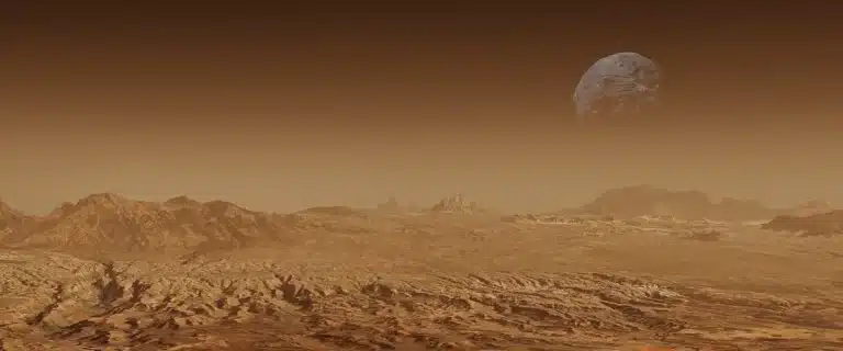 Anonieme roversporen op een rotsachtige krater op Mars onder een bleke hemel