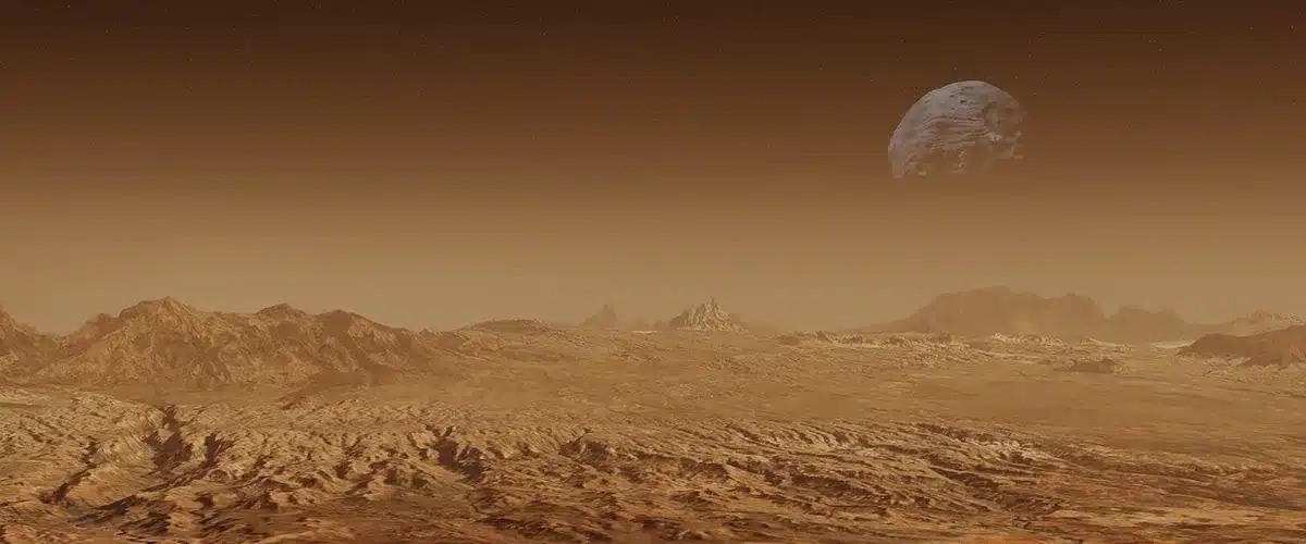 Anonieme roversporen op een rotsachtige krater op Mars onder een bleke hemel