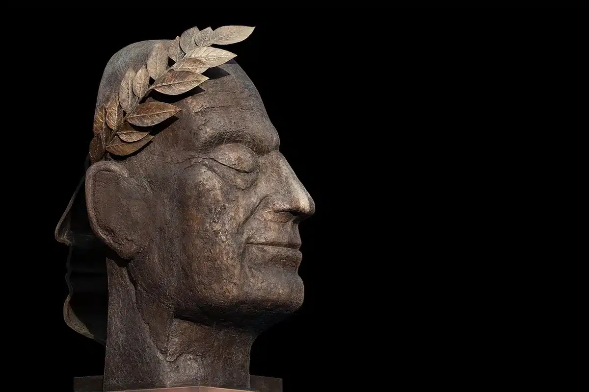 Silhouet van muzikant bij microfoon en abstract bronzen beeld op podium