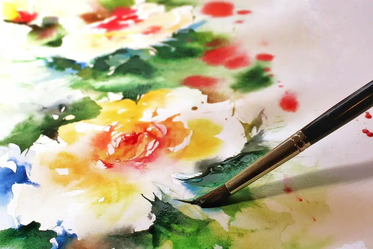 Aquarel in 18e eeuwse stijl die een kasteelterrein toont