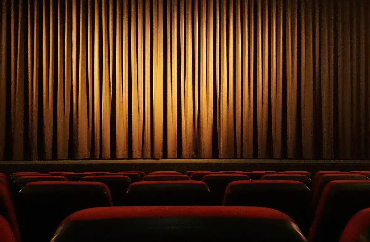 Zaal met podiumverlichting en publiek op stoelen, sfeerbeeld van voorstelling