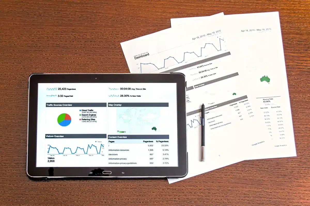 Financieel adviseur en documenten op tafel, berekeningen en grafieken